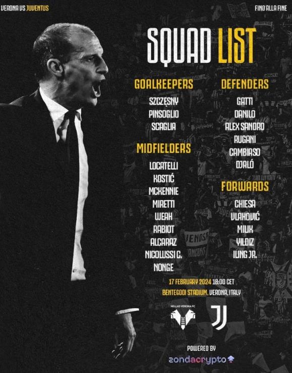 尤文本轮意甲大名单:弗拉霍维奇回归,小基耶萨、阿尔卡拉斯在列