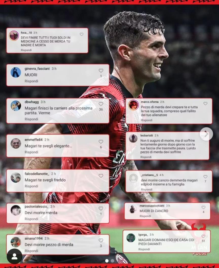 普利西奇造红牌引争议,在社交媒体上被拉齐奥球迷死亡威胁