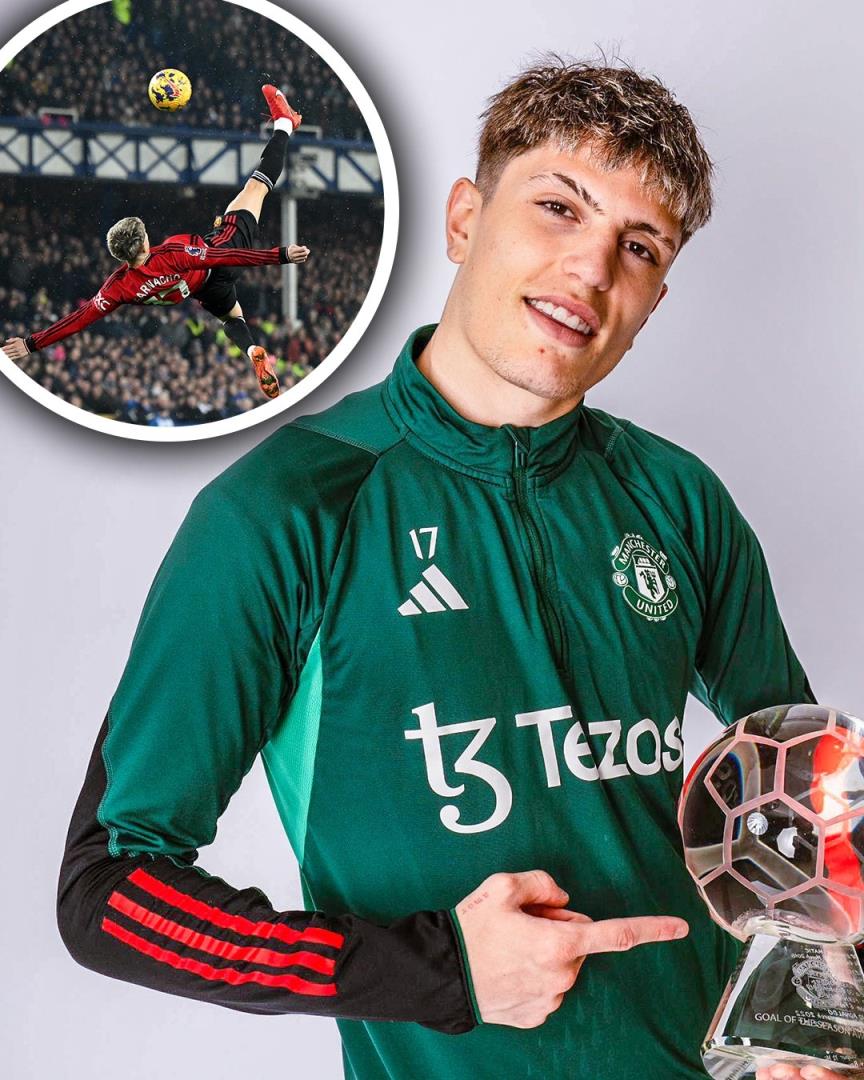 官方:加纳乔对埃弗顿的倒钩当选曼联本赛季最佳进球